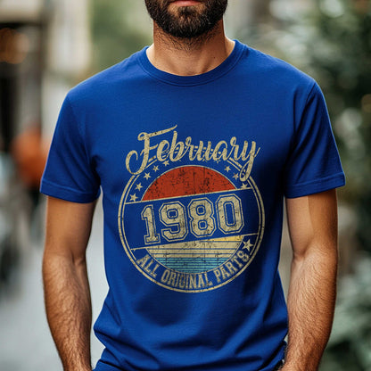 Netecom February 1980 All Original Parts T-Shirt, Retro Birthday Shirt for Men, Perfect Gift for February Birthday