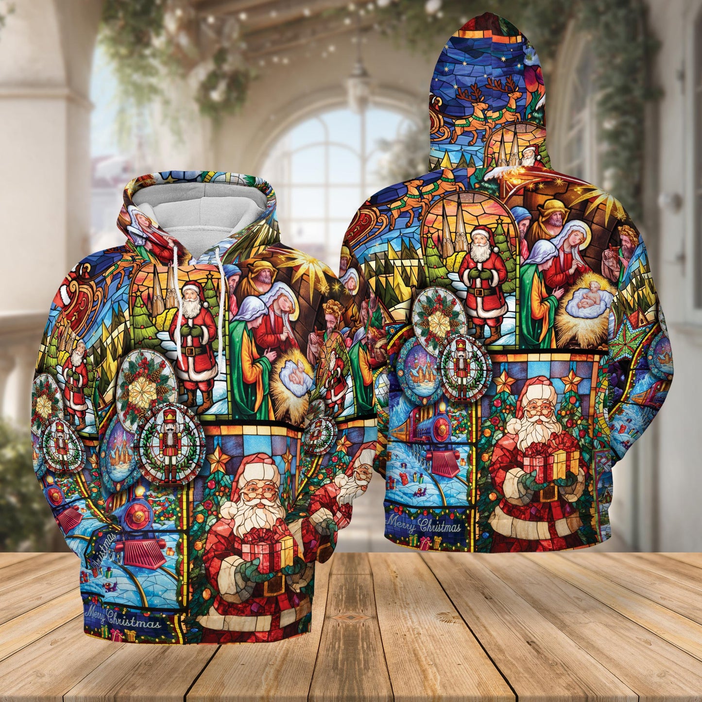 Netecom Christmas Stained Glass 3D Hoodie with Front Pocket, Unisex Casual All Over Nativity Scene Graphic Sweatshirt