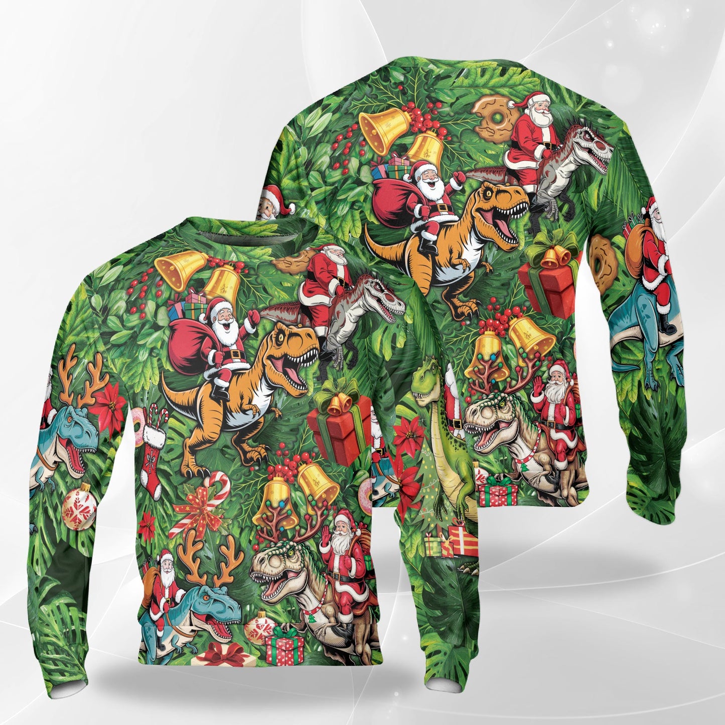 Netecom Tropical Dinosaur Christmas Sweatshirt 3D All Over Print, Santa Riding T Rex Design, Crewneck Pullover for Costume Party