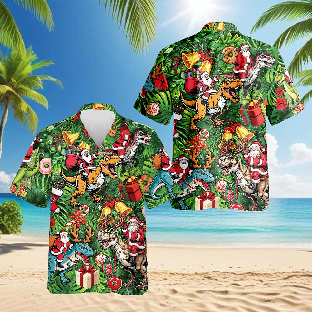 Netecom Santa Claus Riding Dinosaur Christmas Hawaiian Shirt, Funny T-Rex Holiday Button Down Summer Beach Shirt, S-5XL