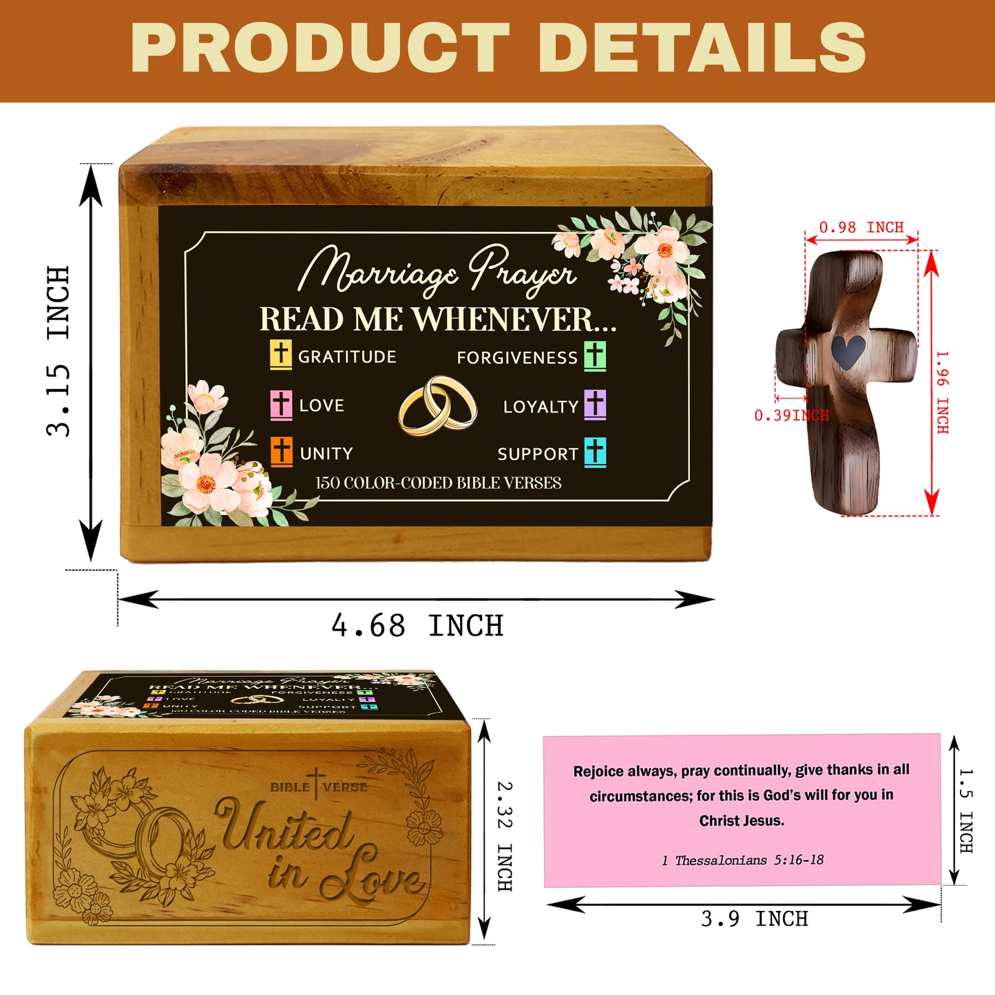 Marriage Prayer Bible Verses Wooden Box with Walnut Cross – 150 Color-Coded Christian Scriptures for Love, Unity, Gratitude, Forgiveness & Support
