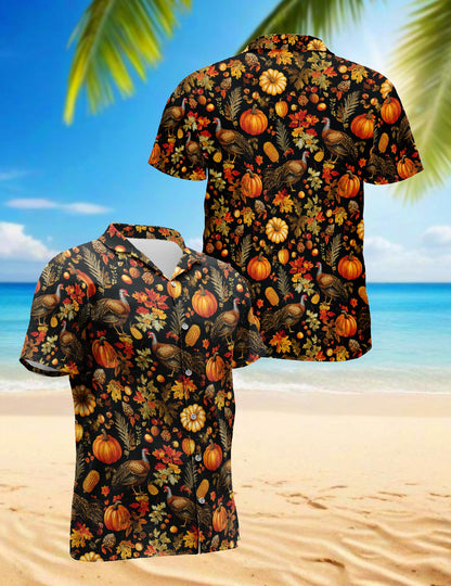 Netecom Happy Turkey Day Thanksgiving Hawaiian Shirt, Fall Leaves Pumkpin Button Down Summer Beach Shirts, S-5XL