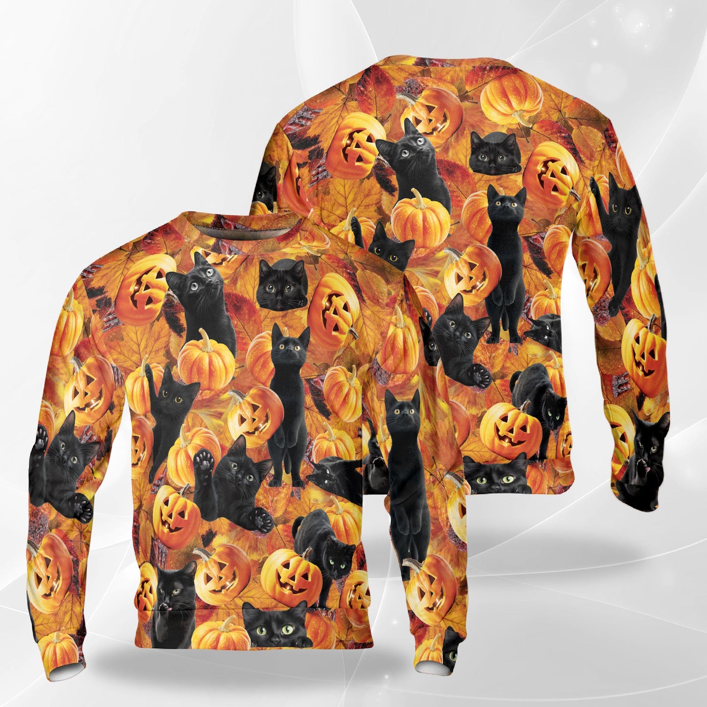 Netecom Halloween Black Cat Pumpkin Sweatshirt 3D All Over Print, Spooky Autumn Outfit, Crewneck Pullover for Costume Party