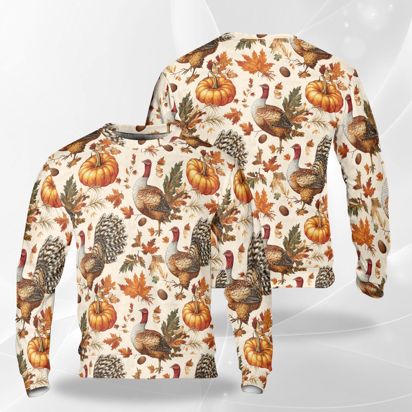 Netecom Thanksgiving Turkey Sweatshirt 3D All Over Print, Vintage Autumn Pumpkin Design, Crewneck Pullover for Costume Party