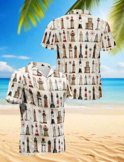 Netecom Lighthouse Pattern Hawaiian Shirt for Men Women, Coastal Beach Aloha Button Down Short Sleeve Summer Shirt