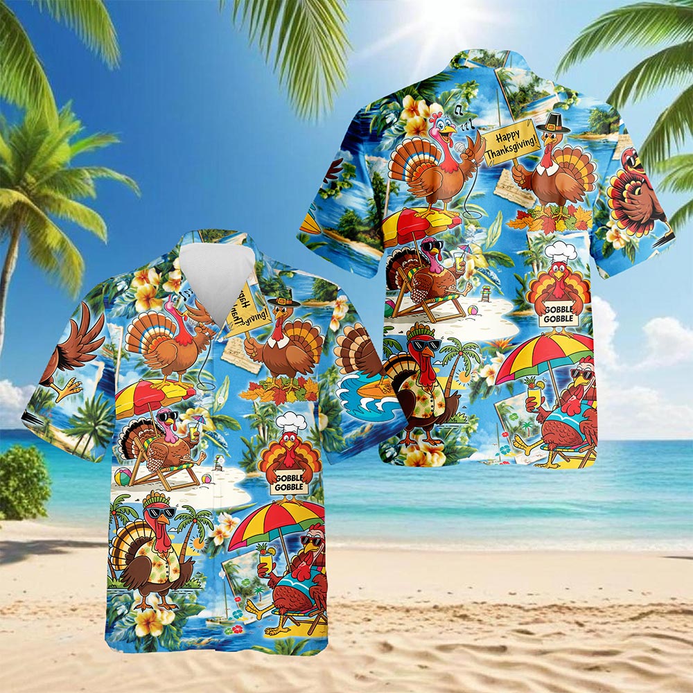 Netecom Turkey Happy Thanksgiving Hawaiian Shirt for Men Women, Funny Turkey Button Down Summer Beach Shirts, S-5XL