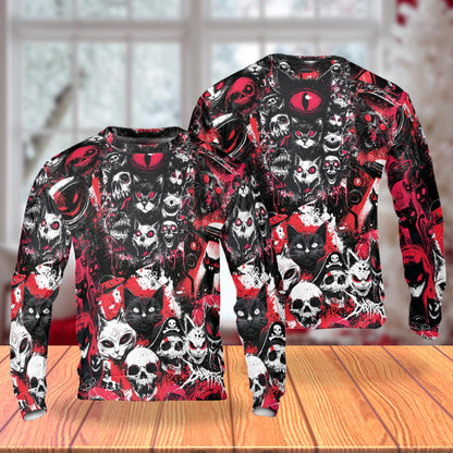 Netecom Creepy Cat Skull Horror Sweatshirt 3D All Over Print – Unisex Crewneck Pullover, Lightweight Fleece Casual Outfit