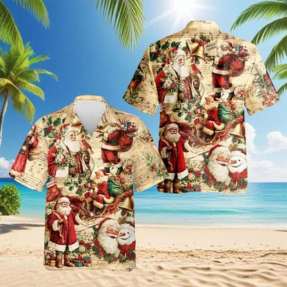 Netecom Vintage Santa Claus Christmas Hawaiian Shirt, Musical Holiday Button Down Summer Beach Short Sleeve Shirt, S-5XL