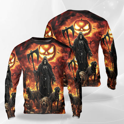 Netecom Halloween Grim Reaper Pumpkin Sweatshirt 3D All Over Print, Hellhound Dog Design, Crewneck Pullover for Costume Party