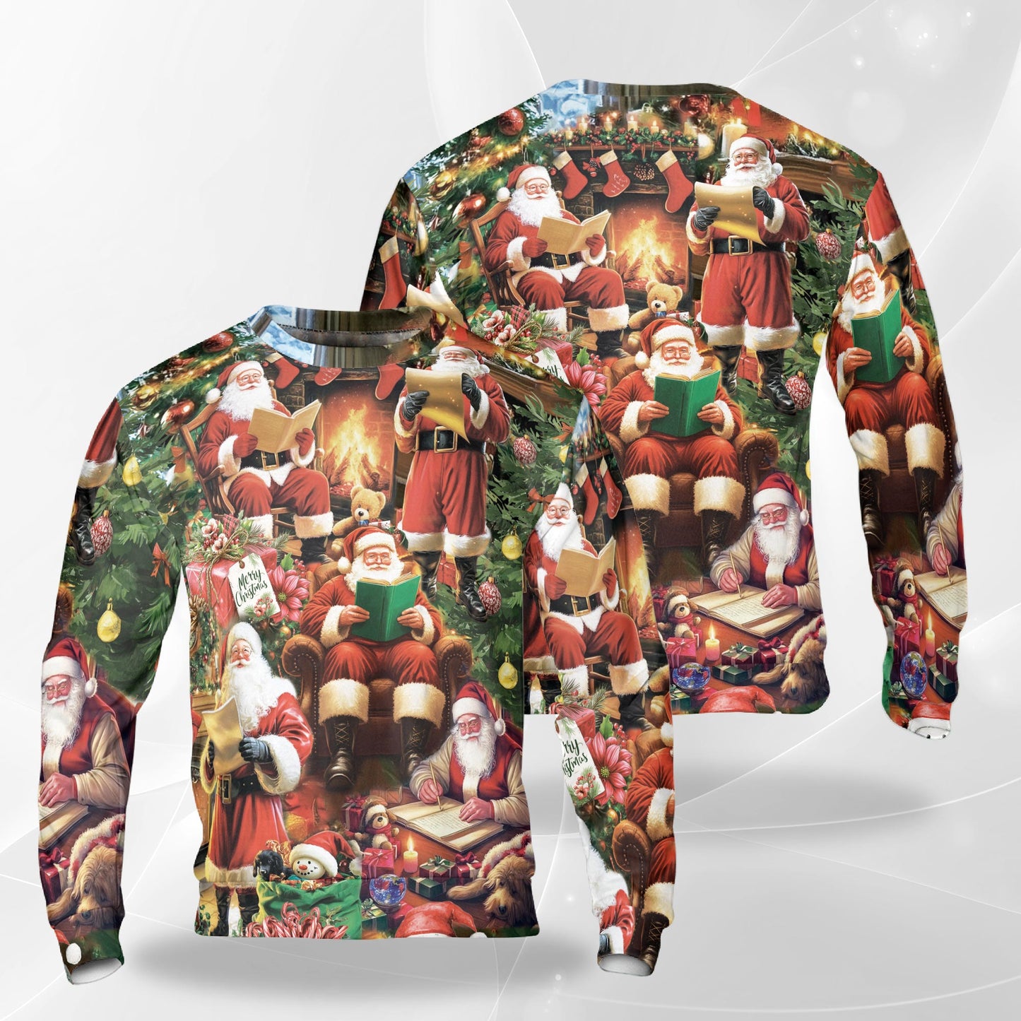 Netecom Christmas Santa Reading Book Sweatshirt 3D All Over Print, Cozy Holiday Design, Crewneck Pullover for Costume Party
