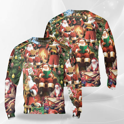 Netecom Christmas Santa Reading Book Sweatshirt 3D All Over Print, Cozy Holiday Design, Crewneck Pullover for Costume Party