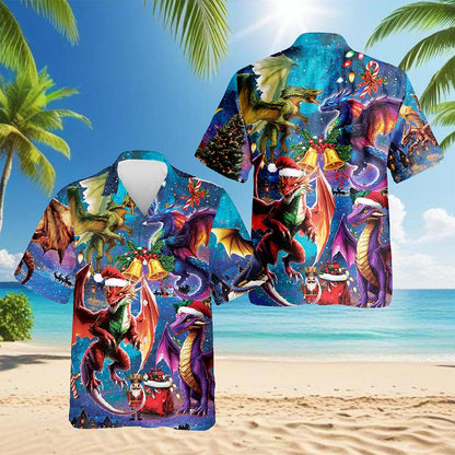 Netecom Christmas Dragon Hawaiian Shirt, Fantasy Holiday Fire Dragon Button Down Summer Beach Short Sleeve Shirt, S-5XL