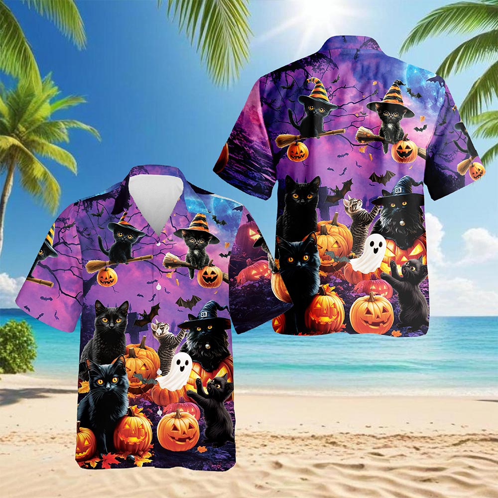 Netecom Black Cat Pumpkin Hawaiian Shirt for Men, Halloween Present, Animal Ghost Button Down Summer Short Shirts, S-5XL