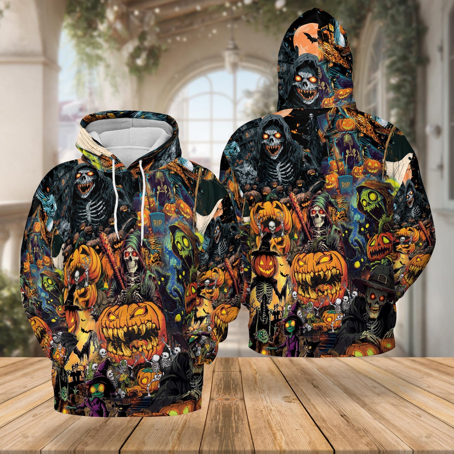 Netecom Spooky Skeleton Halloween 3D Hoodie with Front Pocket, Unisex Casual All Over Pumpkin Graphic Sweatshirt