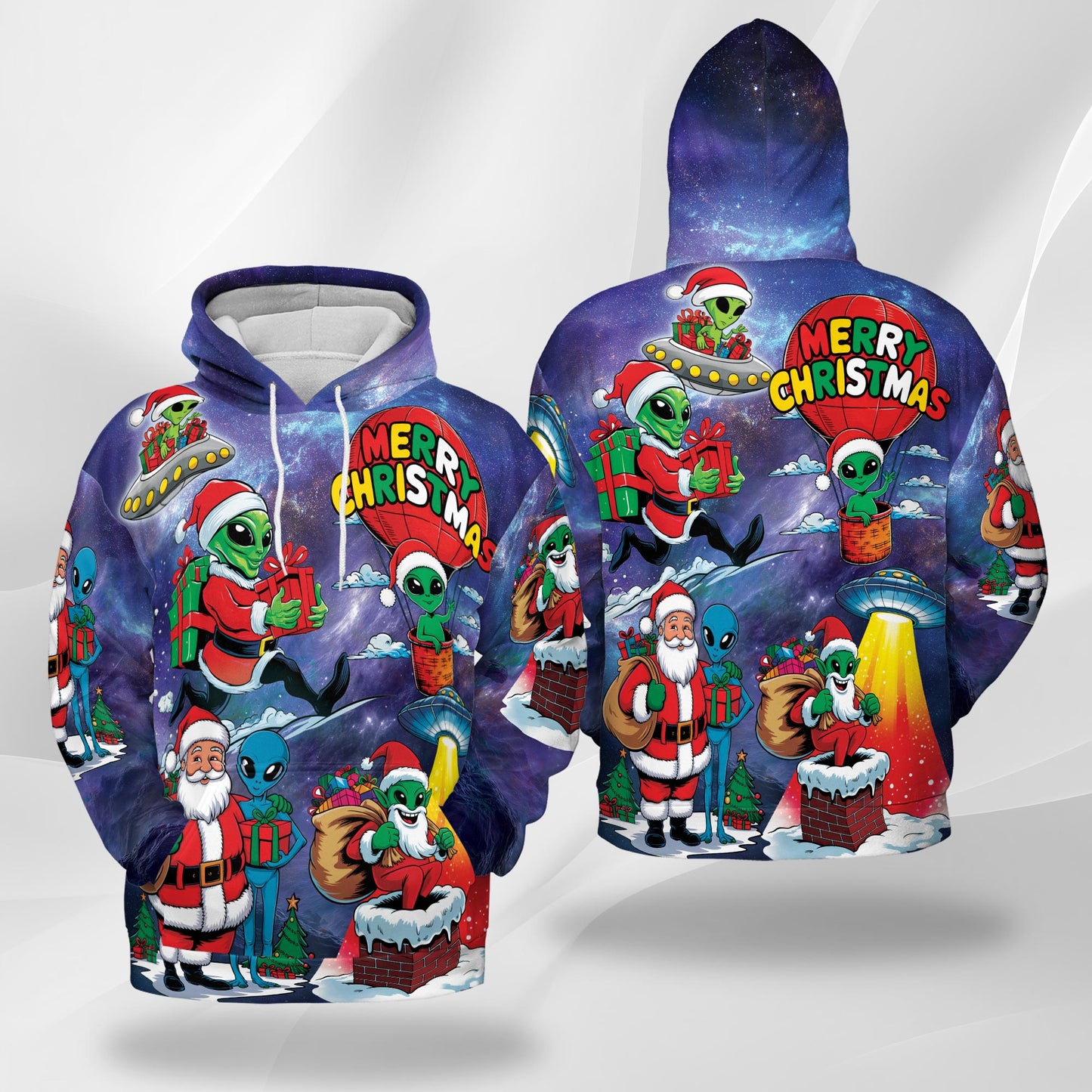 Netecom Alien Santa Claus Christmas Print Hoodie with Front Pocket, All Over Graphic Galaxy Space Sweatshirt Unisex Casual