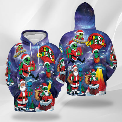 Netecom Alien Santa Claus Christmas Print Hoodie with Front Pocket, All Over Graphic Galaxy Space Sweatshirt Unisex Casual