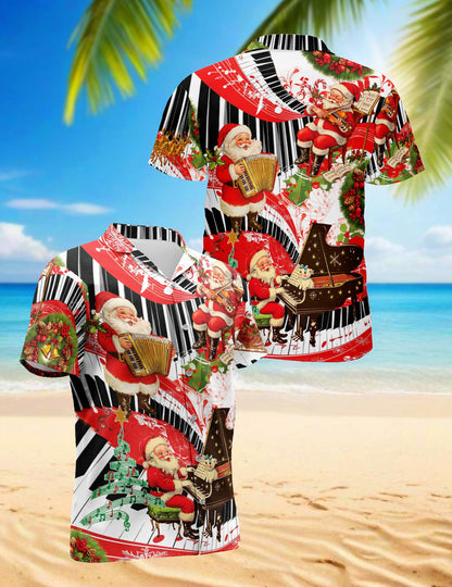 Netecom Santa Claus Playing Musical Instruments Hawaiian Shirt, Christmas Music Theme Button Down Short Sleeve Shirt, S-5XL