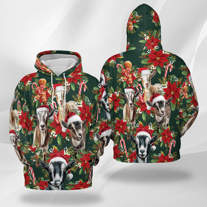Netecom Funny Goat Christmas Print Hoodie with Front Pocket, All Over Farm Animal Holiday Graphic Sweatshirt Unisex Casual