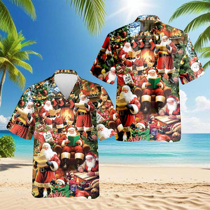 Netecom Santa Claus Reading Book Christmas Hawaiian Shirt for Men, Festive Holiday Button Down Summer Beach Shirt, S-5XL