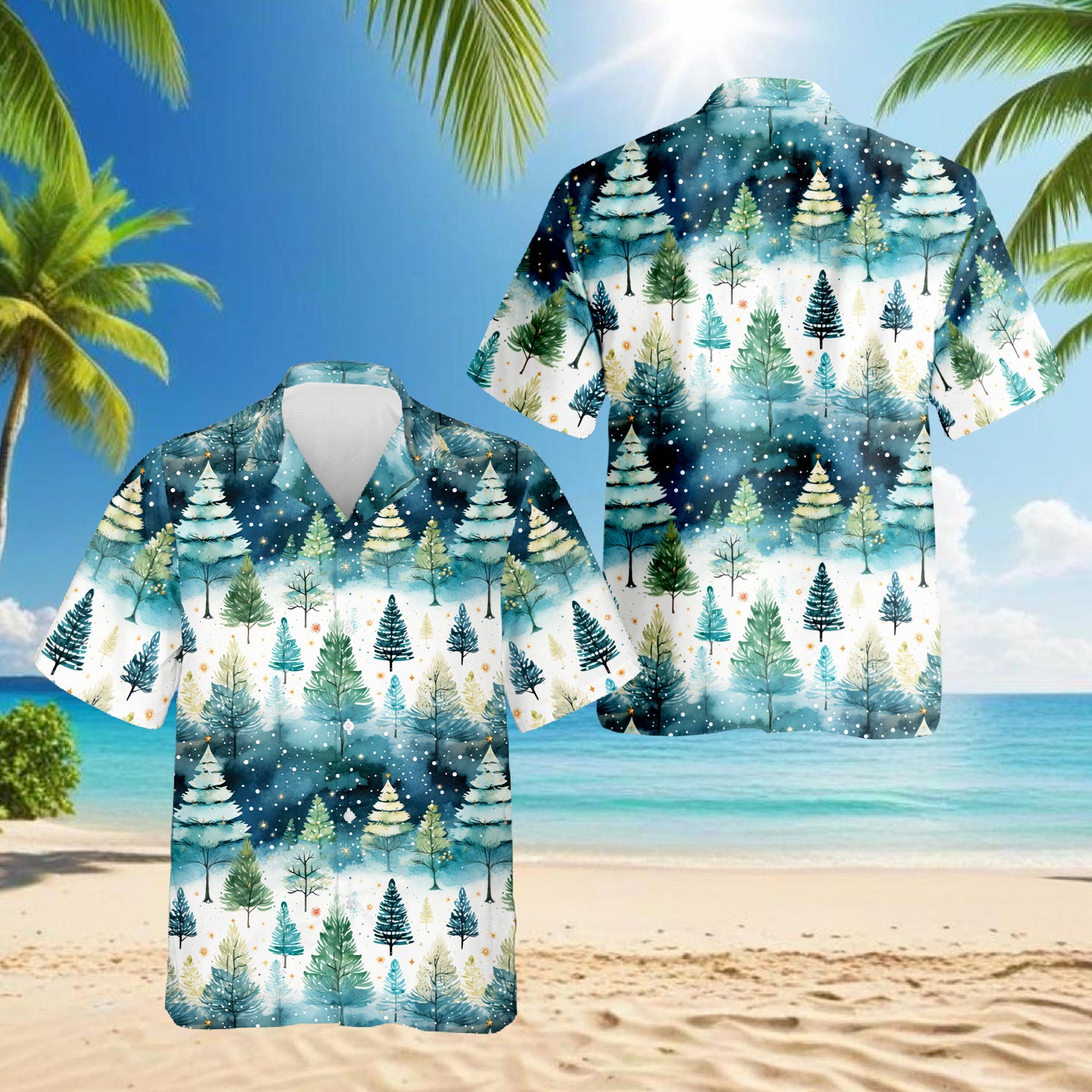 Netecom Christmas Tree Hawaiian Shirt for Men, Festive Holiday Pine Forest Button Down Summer Beach Short Sleeve Shirt