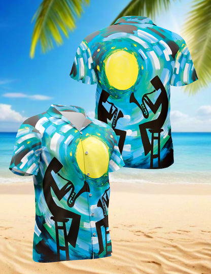 Netecom Vintage Trumpet Pattern Hawaiian Shirt for Men, Musical Instruments Button Down Summer Beach Short Sleeve Shirt