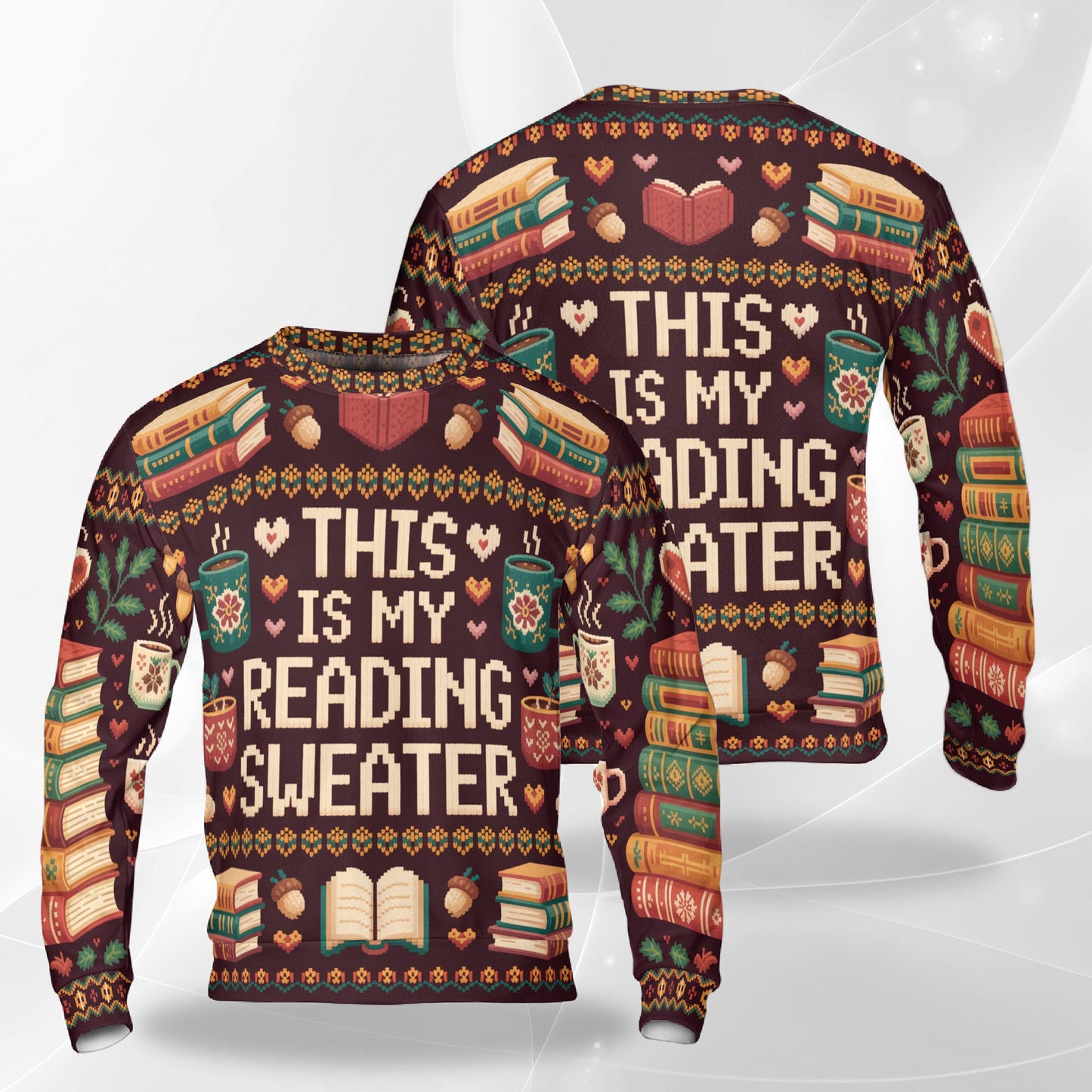 Netecom Retro Ugly Christmas Book Coffee Sweatshirt 3D All Over Print, Literary Gift Idea, Crewneck Pullover for Costume Party