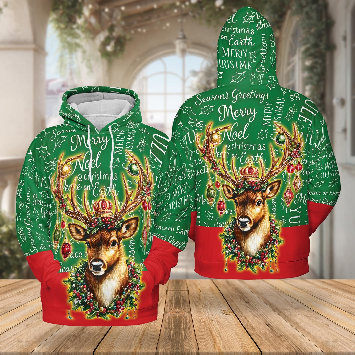 Netecom Reindeer Christmas 3D Hoodie with Front Pocket, Unisex Casual All Over Funny Holiday Graphic Sweatshirt