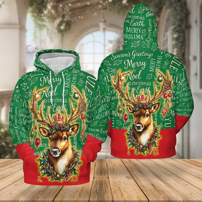 Netecom Reindeer Christmas 3D Hoodie with Front Pocket, Unisex Casual All Over Funny Holiday Graphic Sweatshirt