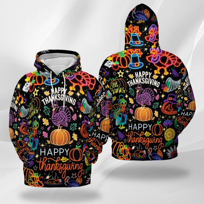 Netecom Neon Thanksgiving Print Hoodie with Front Pocket, All Over Happy Turkey Day Graphic Sweatshirt Unisex Casual