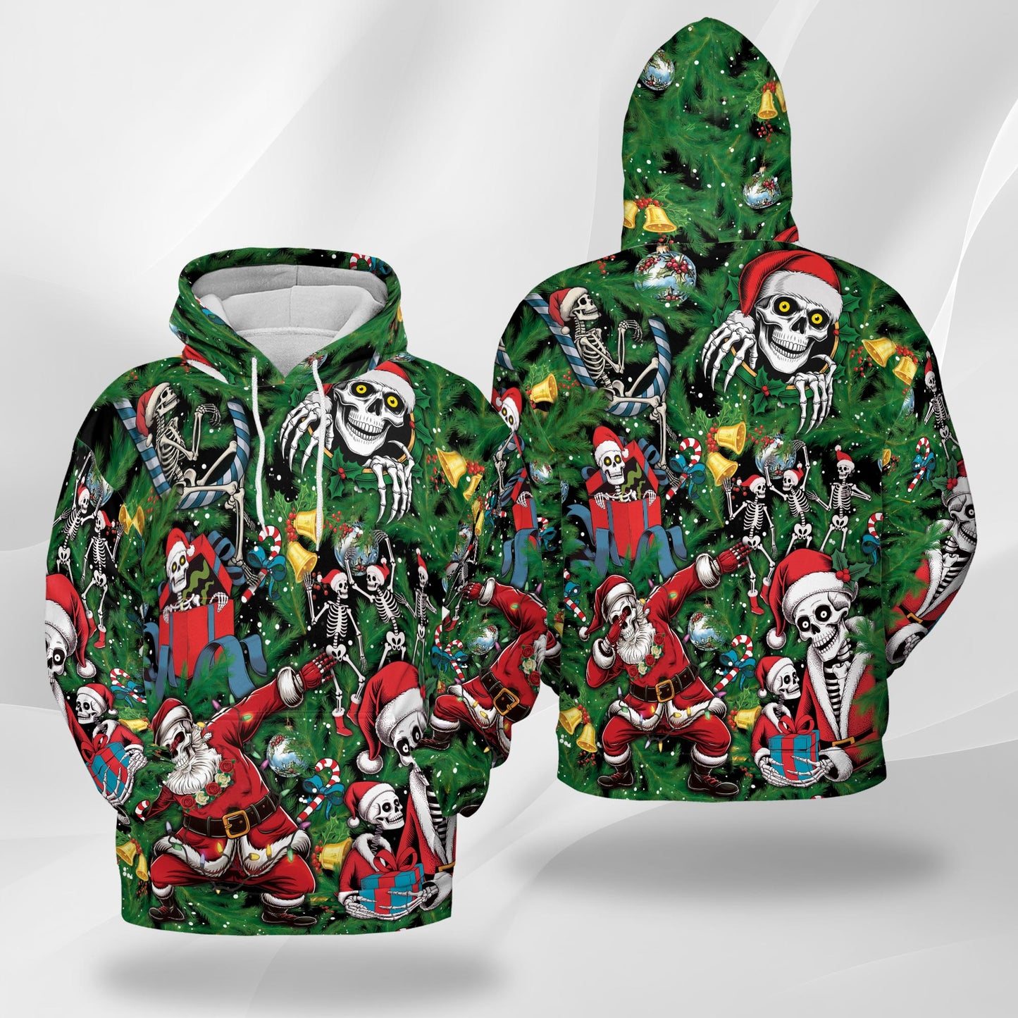 Netecom Skeleton Santa Claus Christmas Print Hoodie with Front Pocket, All Over Funny Skull Graphic Sweatshirt Unisex Casual