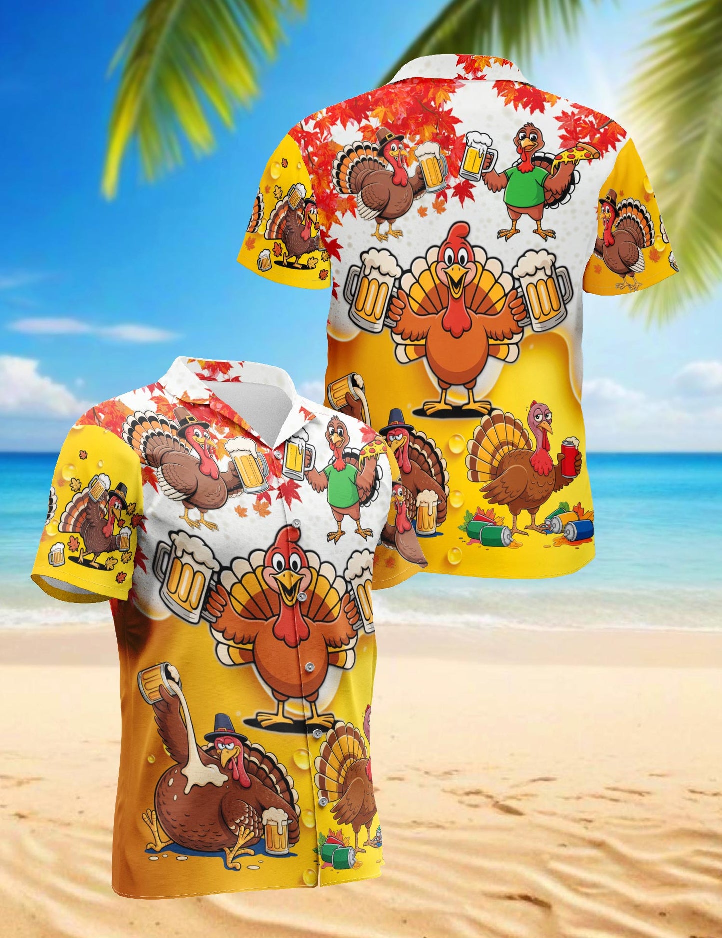 Netecom Funny Drunk Turkey Thanksgiving Hawaiian Shirt, Beer and Pizza Cartoon Print Button Down Summer Beach Shirts, S-5XL