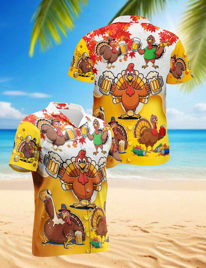 Netecom Funny Drunk Turkey Thanksgiving Hawaiian Shirt, Beer and Pizza Cartoon Print Button Down Summer Beach Shirts, S-5XL