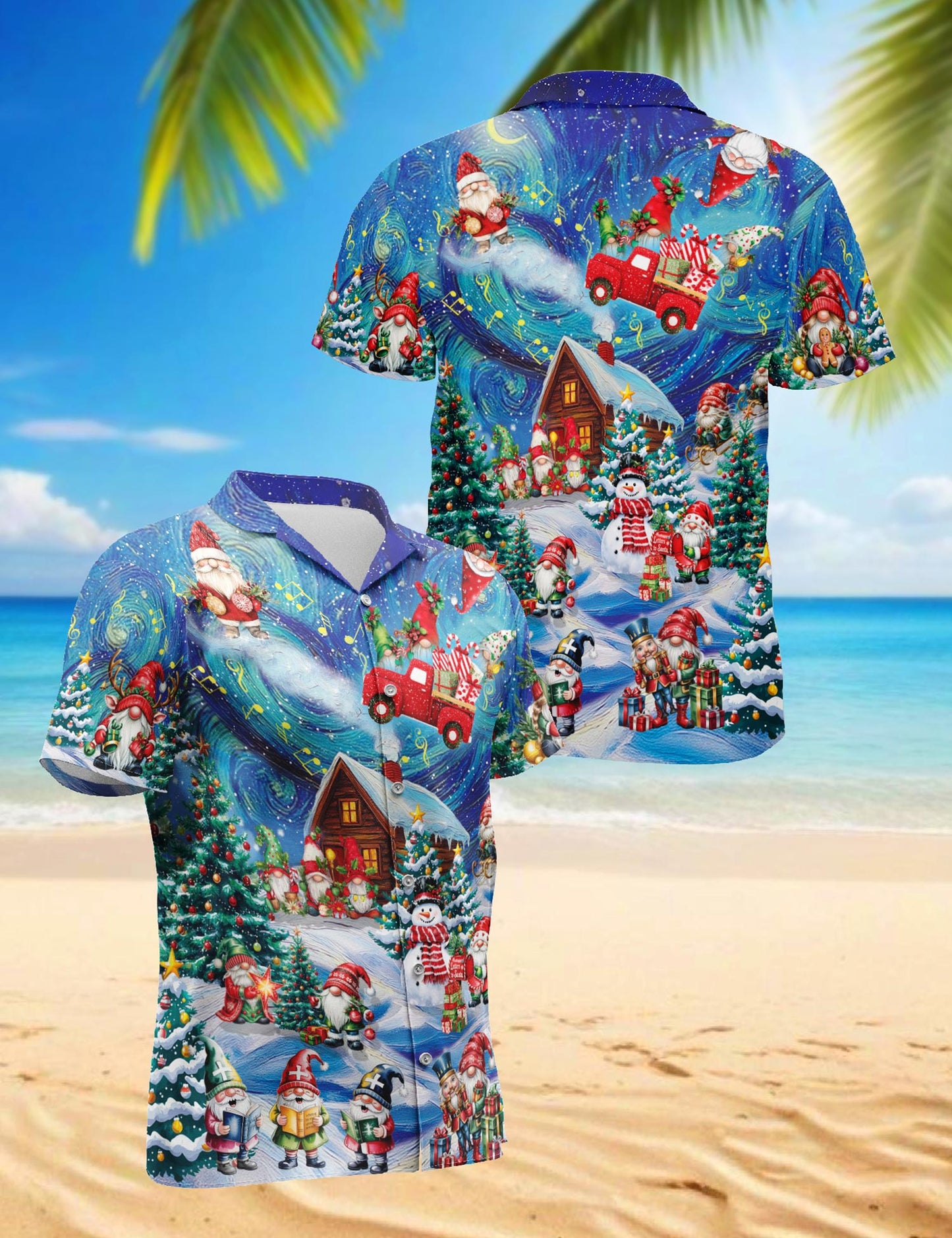 Netecom Christmas Gnome Hawaiian Shirt, Funny Santa Elf and Snowman Holiday Cabin Print Short Sleeve Button Down Shirt, S-5XL