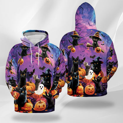 Netecom Black Cat Pumpkin Halloween 3D Print Hoodie with Front Pocket, All Over Graphic Animal Ghost Sweatshirt Unisex Casual