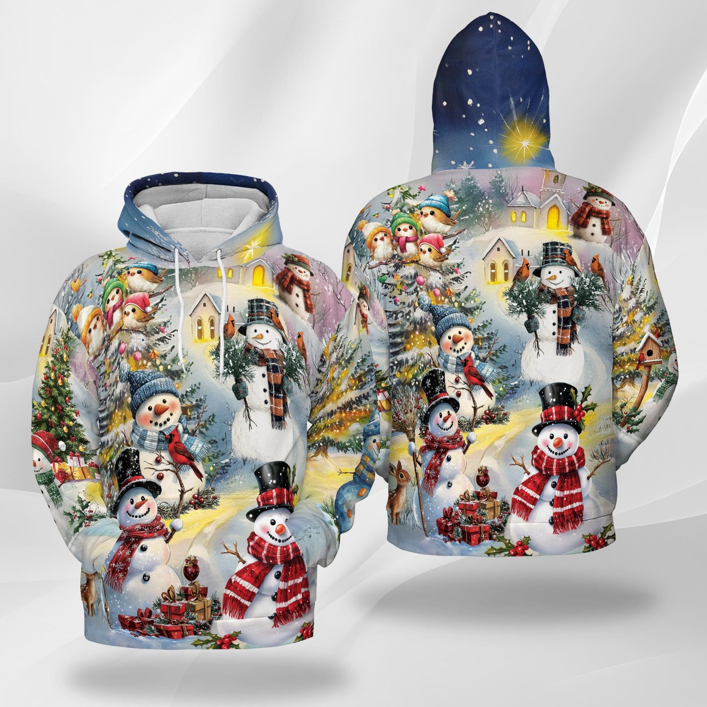 Netecom Snowman Christmas Print Hoodie with Front Pocket, All Over Graphic Winter Snow Tree Sweatshirt Unisex Casual