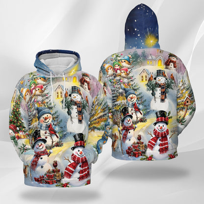 Netecom Snowman Christmas Print Hoodie with Front Pocket, All Over Graphic Winter Snow Tree Sweatshirt Unisex Casual