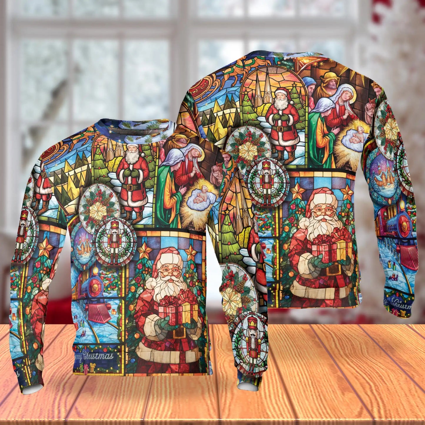 Christmas Stained Glass Sweatshirt, 3D All Over Print Holiday Religious Art Crewneck Pullover for Men Women, Christmas Gift - Netecom