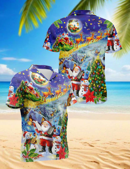 Netecom Santa Claus and Snowman Hawaiian Shirt for Men, Festive Christmas Music Tree Button DownShirt, S-5XL