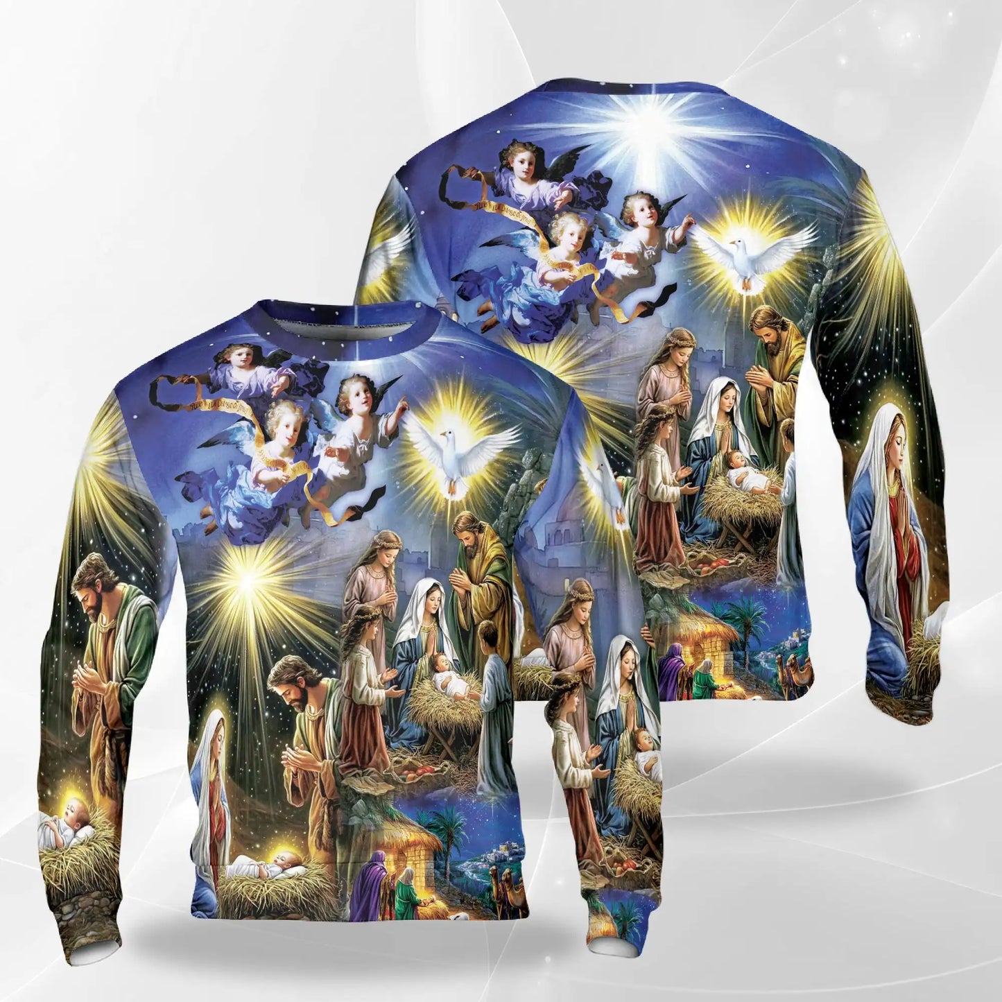 Jesus Birth Christmas Sweatshirt, 3D All Over Print Nativity Scene Holiday Crewneck Pullover for Men Women, Christian Christmas Gift - Netecom
