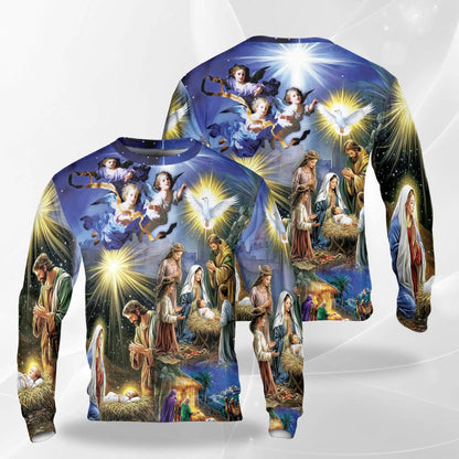 Jesus Birth Christmas Sweatshirt, 3D All Over Print Nativity Scene Holiday Crewneck Pullover for Men Women, Christian Christmas Gift - Netecom