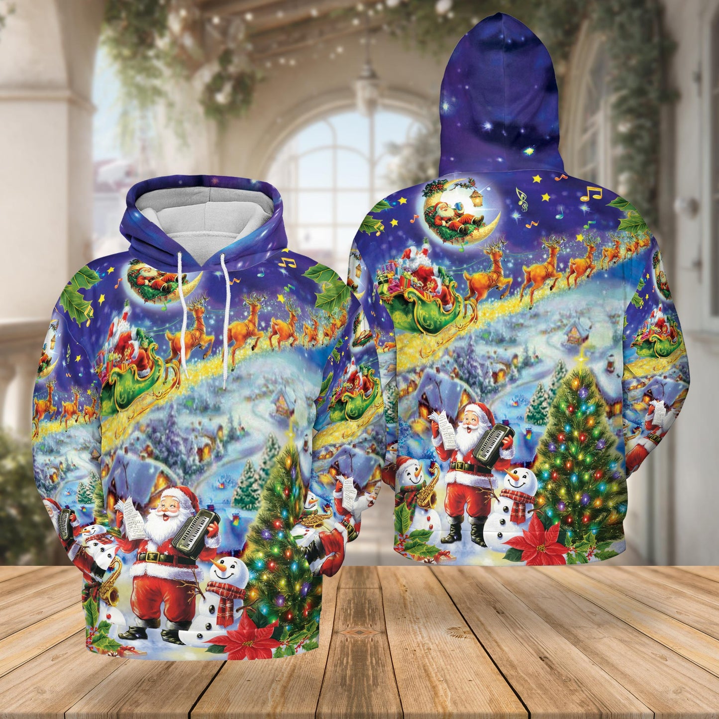 Netecom Santa Claus and Snowman 3D Hoodie with Front Pocket, Unisex Casual All Over Festive Graphic Sweatshirt