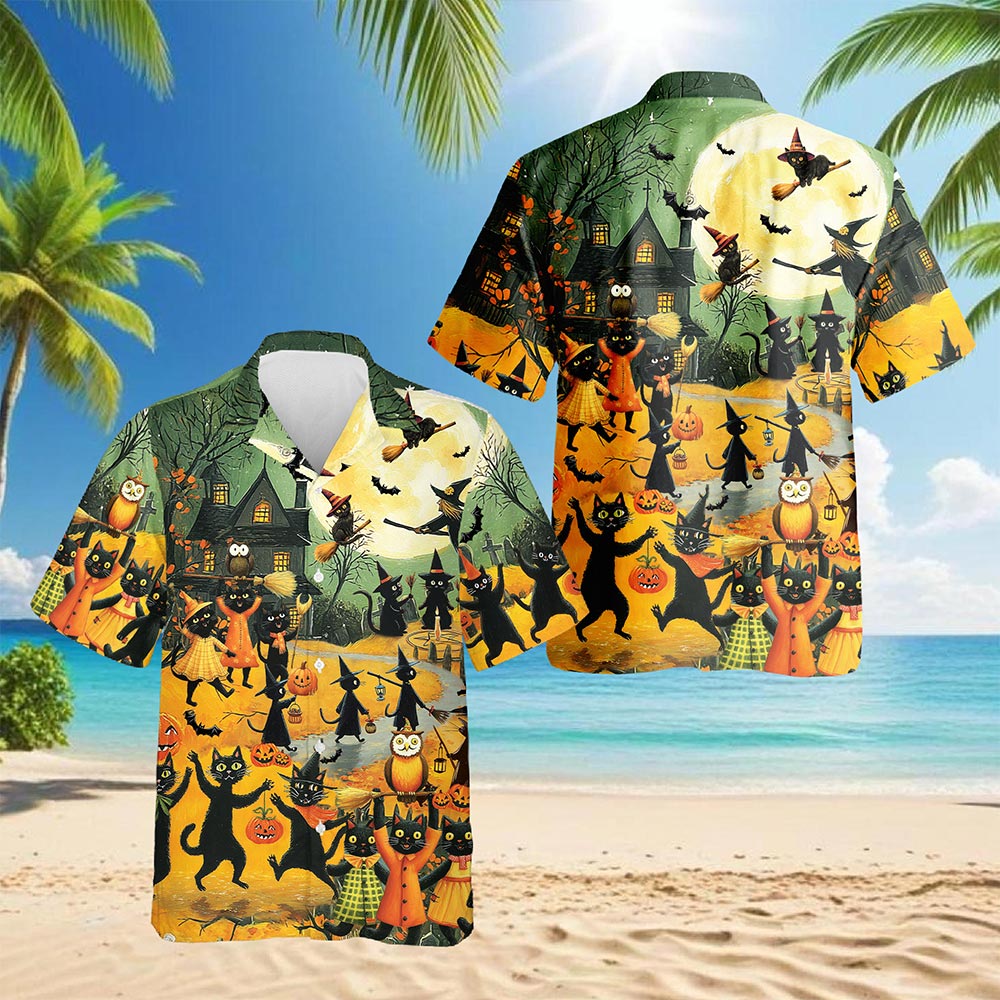 Netecom Black Cat Hawaiian Shirt for Men, Halloween Present, Animal Pumpkin Button Down Summer Beach Shirts, S-5XL