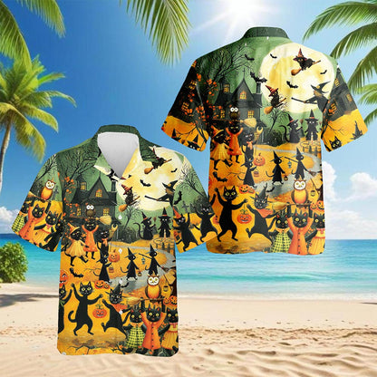 Netecom Black Cat Hawaiian Shirt for Men, Halloween Present, Animal Pumpkin Button Down Summer Beach Shirts, S-5XL
