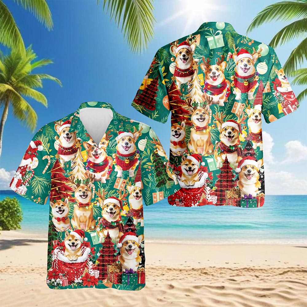 Netecom Christmas Corgi Hawaiian Shirt for Men Women, Cute Dog Lover Holiday Aloha Button Down Short Sleeve Shirt, S-5XL