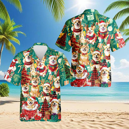 Netecom Christmas Corgi Hawaiian Shirt for Men Women, Cute Dog Lover Holiday Aloha Button Down Short Sleeve Shirt, S-5XL