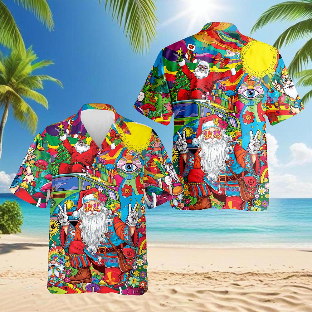 Netecom Hippie Santa Claus Hawaiian Shirt for Men, Funny Christmas Holiday Button Down Summer Beach Short Sleeve Shirts, S-5XL