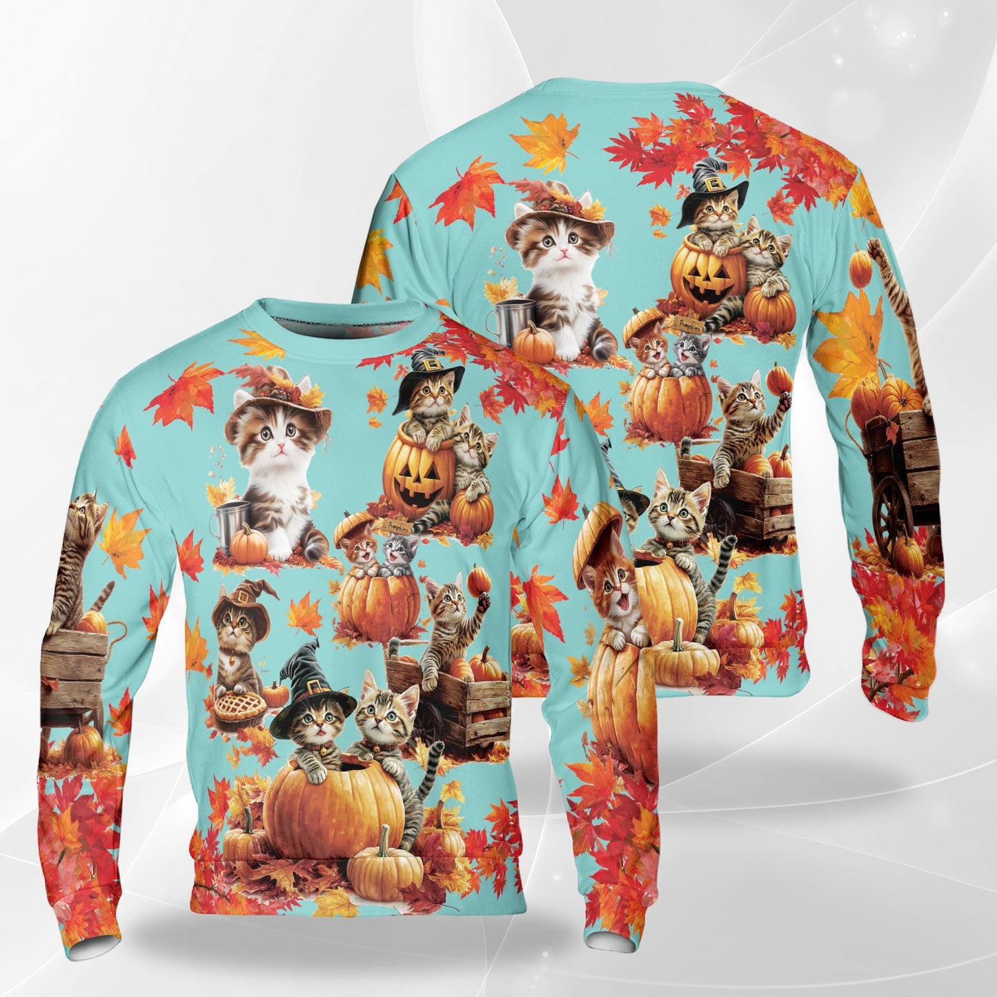 Netecom Thanksgiving Pumpkin Cat Sweatshirt 3D All Over Print, Cute Holiday Autumn Design, Crewneck Pullover for Costume Party