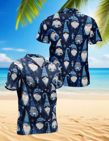 Netecom Blue Snow Gnomes Pattern Hawaiian Shirt for Men, Vintage Christmas Holiday Aloha Button Down Short Sleeve Shirt