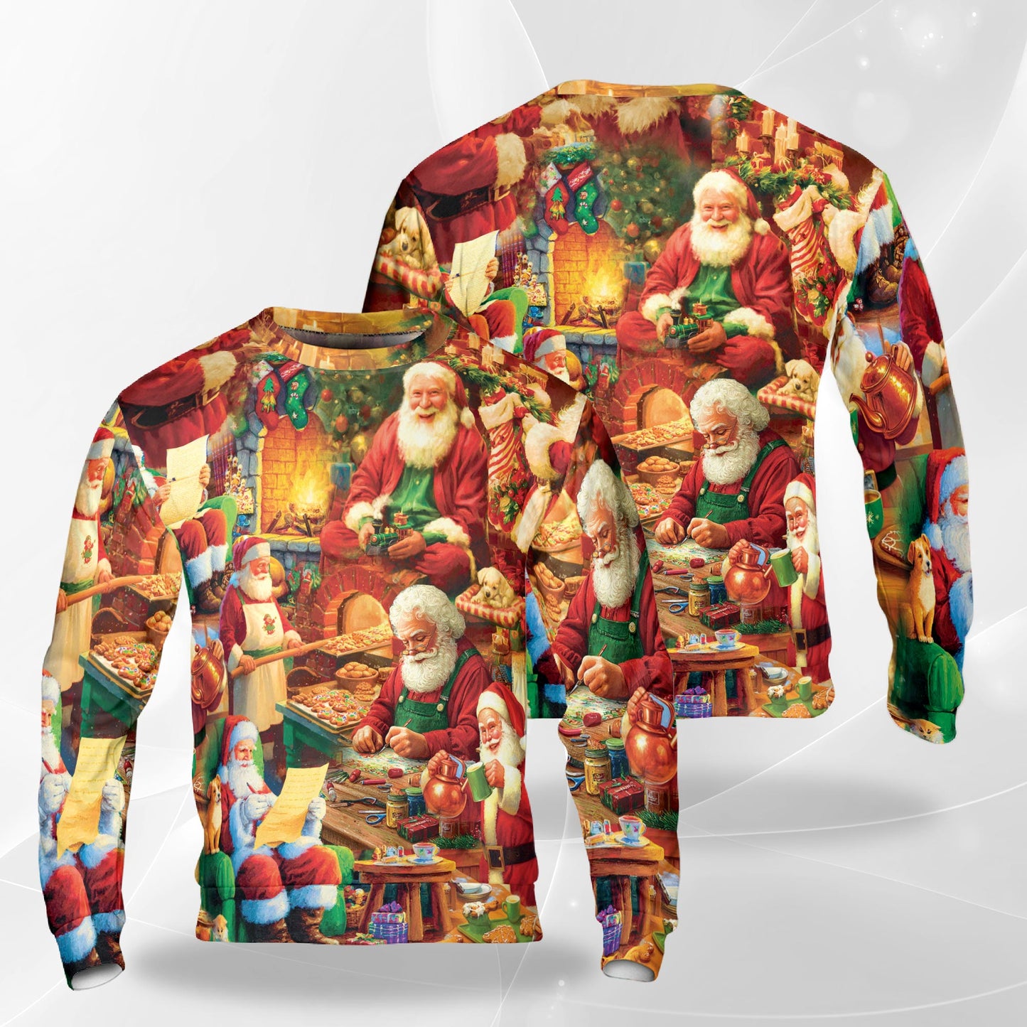 Netecom Christmas Santa Clause Sweatshirt 3D All Over Print, Holiday Fireplace Design, Crewneck Pullover for Costume Party
