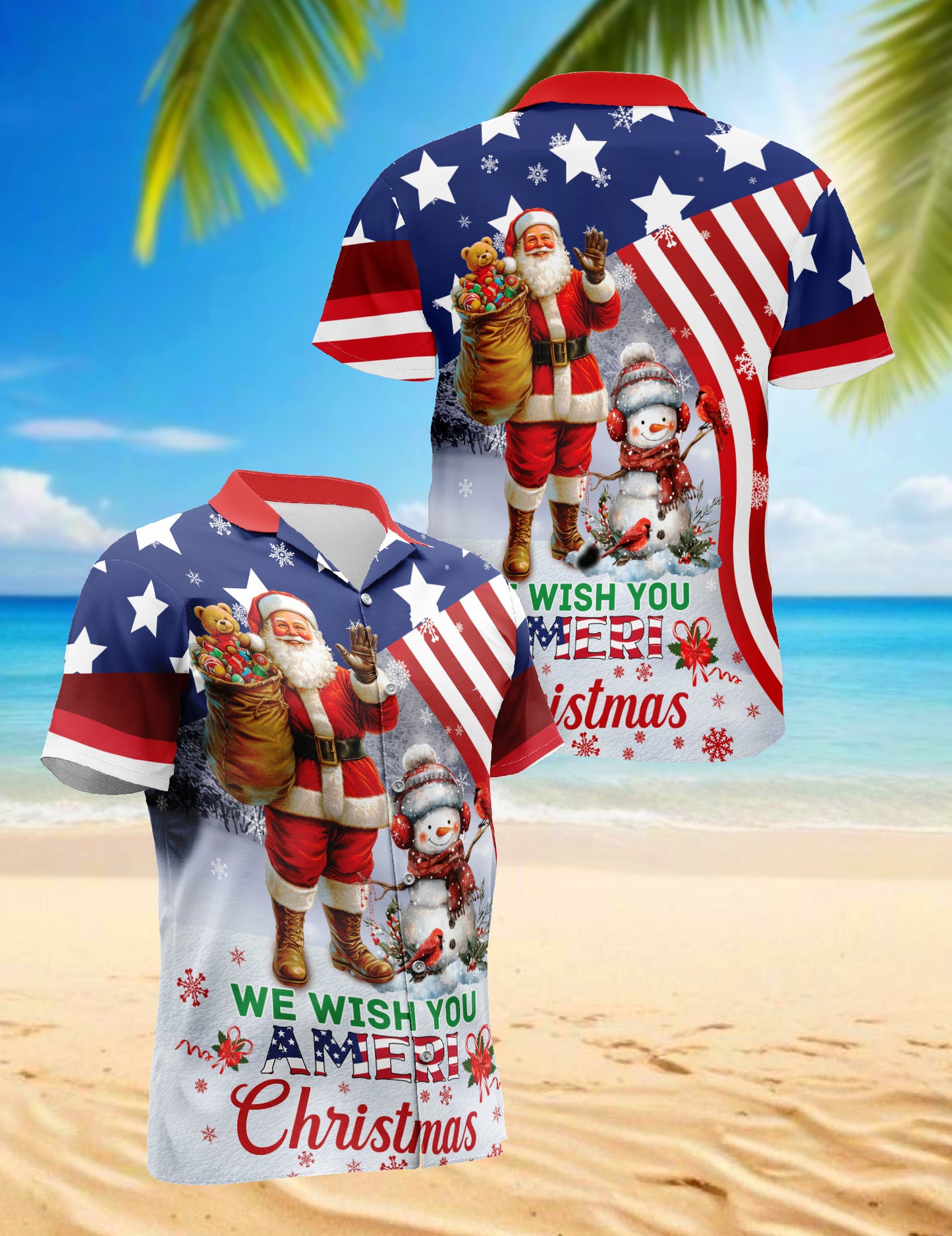 Netecom We Wish You Ameri Christmas Hawaiian Shirt, Patriotic Santa Snowman Flag Button Down Shirt